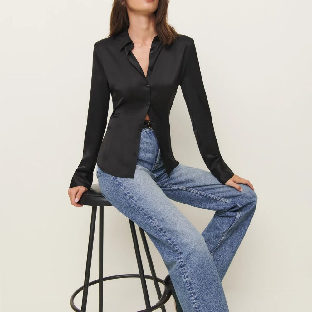 Reformation Black Satin Blouse